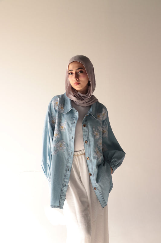 denim embrodery shirt via