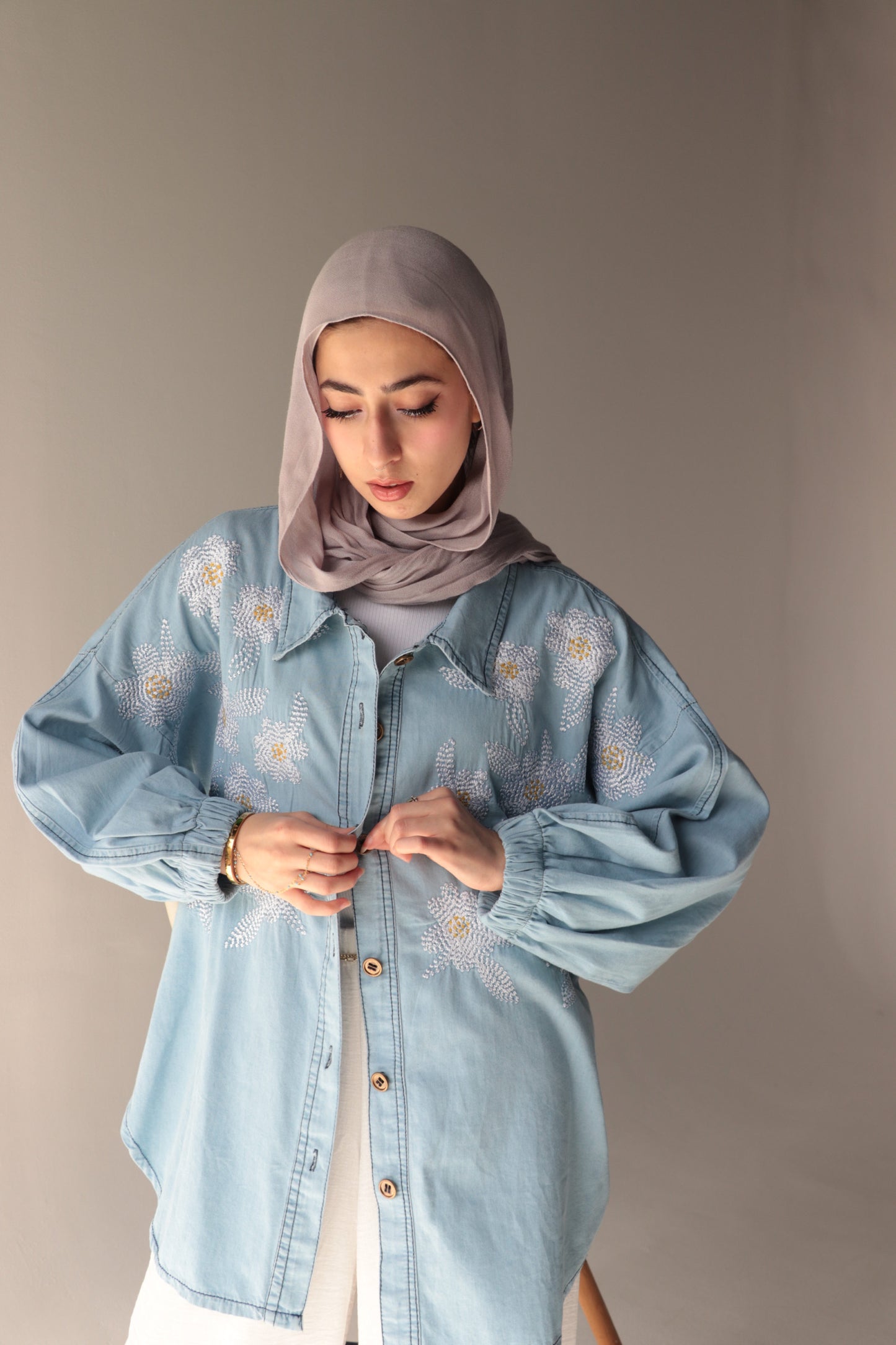denim embrodery shirt via
