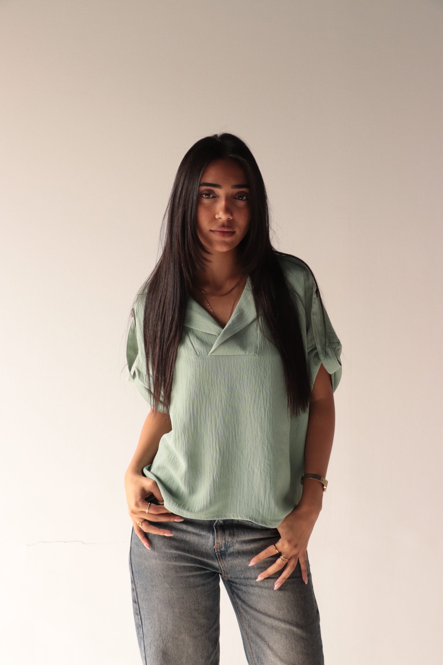 Croped basteel green crepe blouse