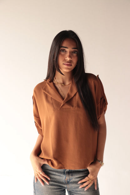 Croped brown crepe blouse