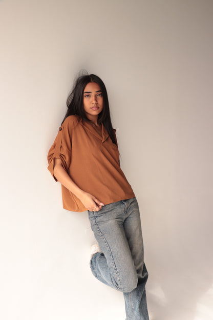 Croped brown crepe blouse