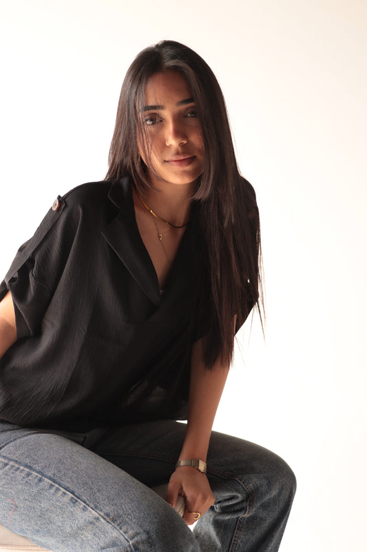 Croped black crepe blouse