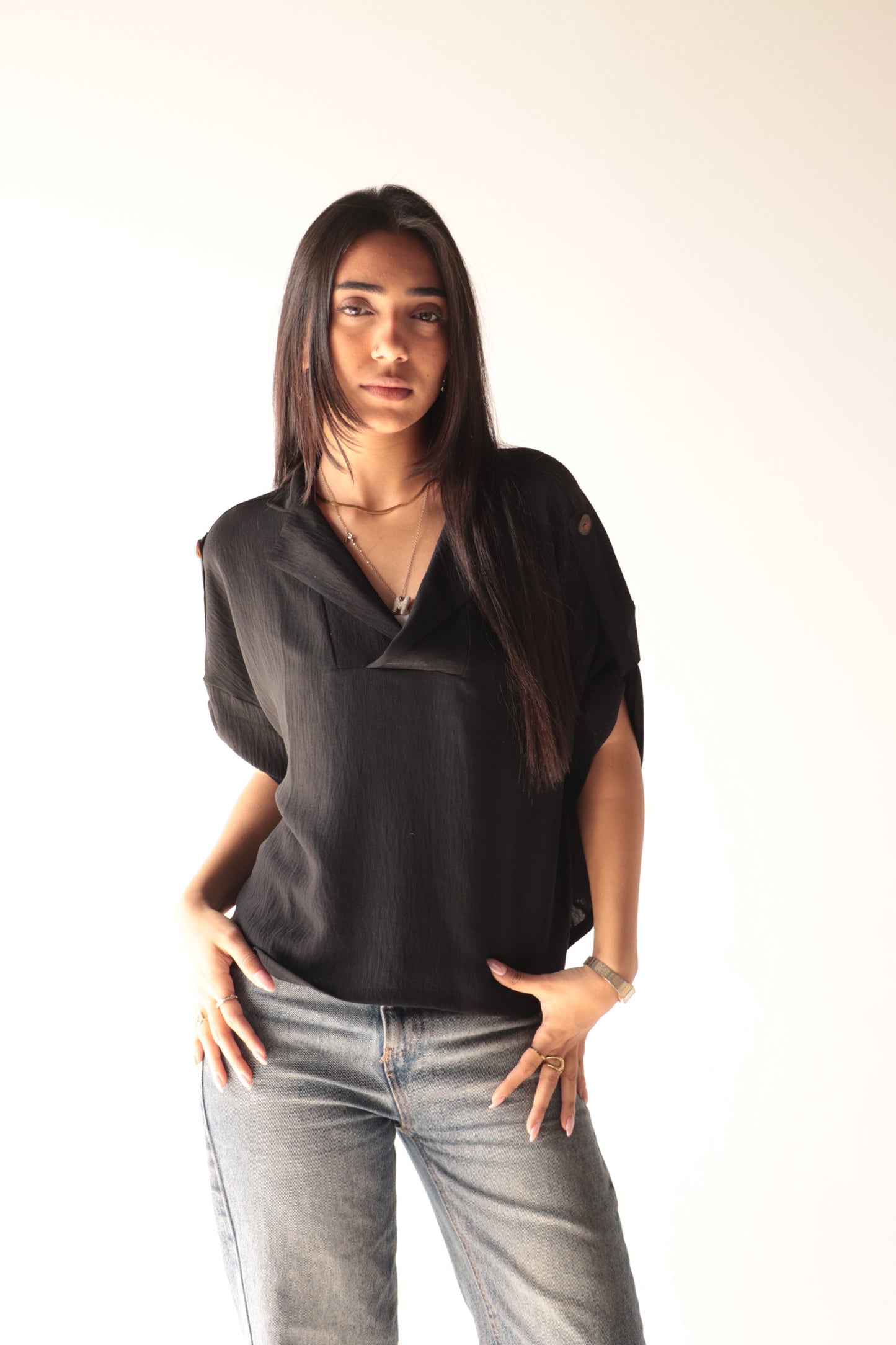 Croped black crepe blouse