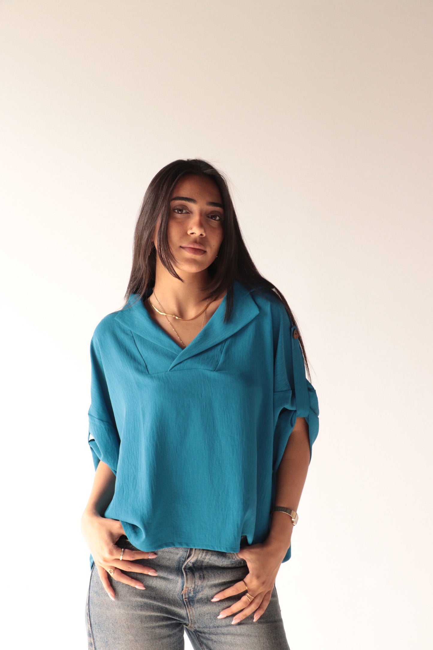 Croped blue crepe blouse