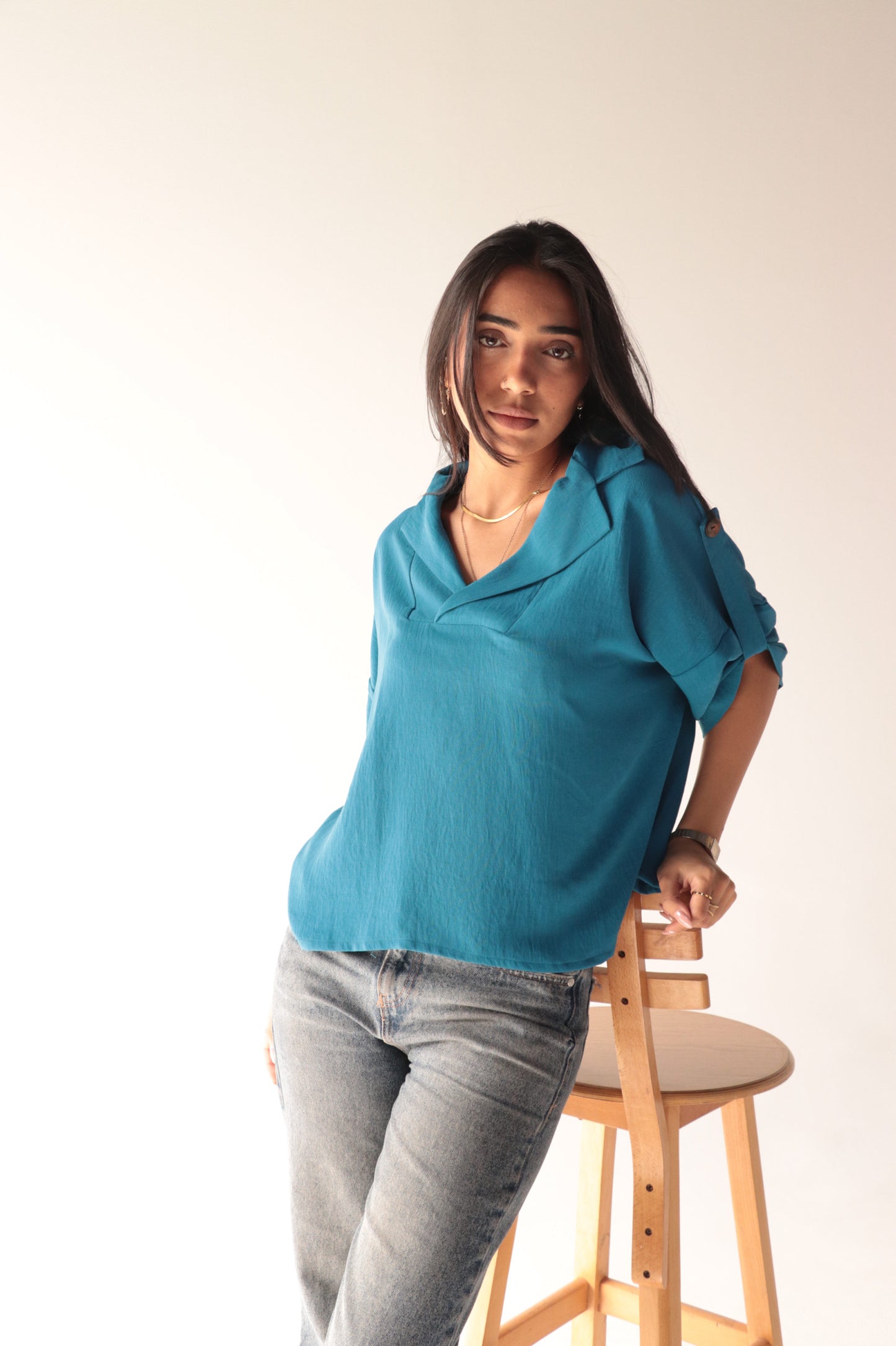 Croped blue crepe blouse